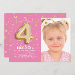 Pink Foil Ballon Foto 4. Geburtstag Einladung