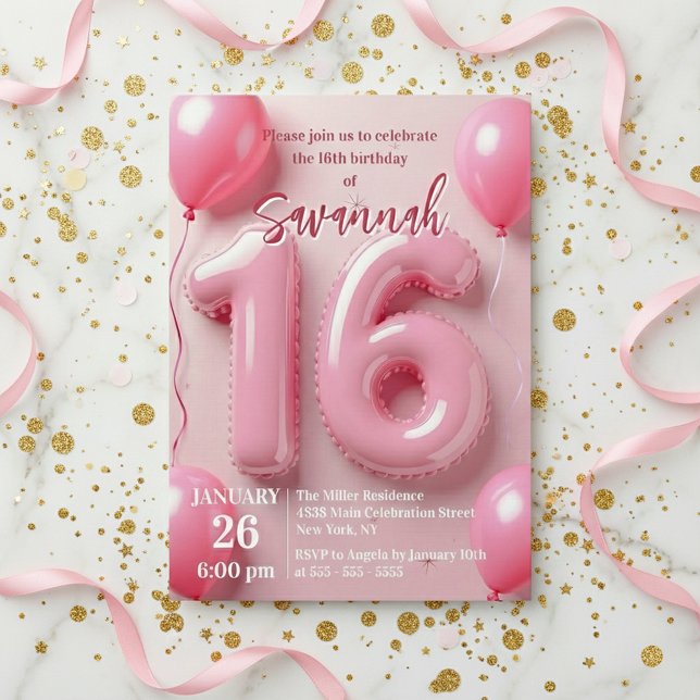 Pink Foil Balloon Typography Sweet 16 Birthday Einladung (Von Creator hochgeladen)