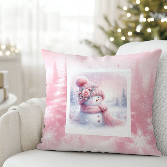 Pink Forest Snowman Bright Winter Scene Cushion Kissen (Pink Forest Snowman Bright Winter Scene Cushion)