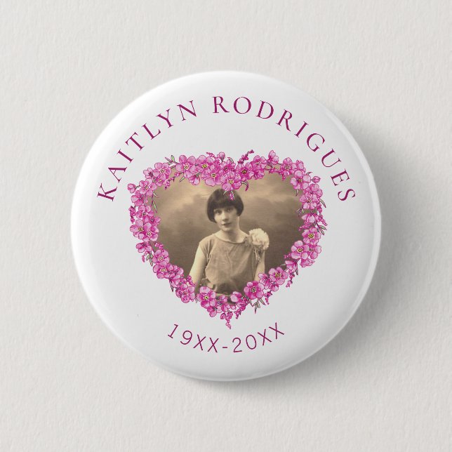 Pink forget-me-not flowers heart foto memorial button (Vorderseite)