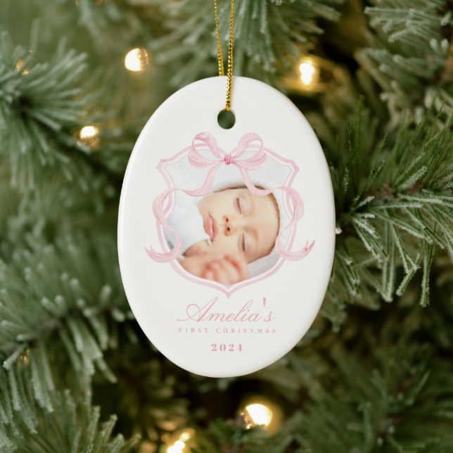 Pink Foto Baby Girl Erstes Weihnachtsfest Keramik Ornament (Baum)