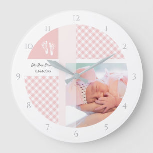 Pink Foto Birth Memento Gingham Footprints Große Wanduhr
