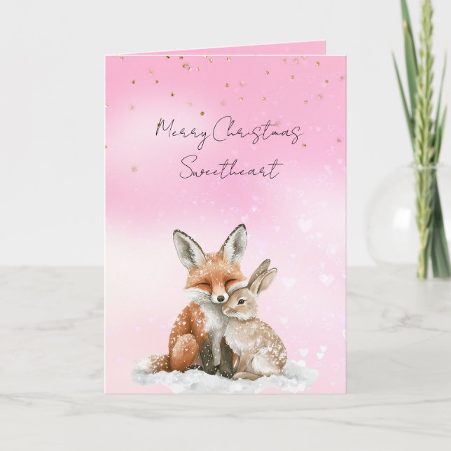 Pink Fox Bunny Love Glitter Sweetheart Christmas Karte (Vorderseite)