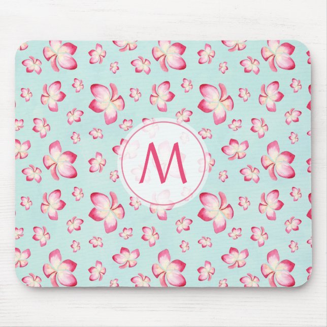 Pink Frangipani Monogram Aqua Mousepad (Vorne)