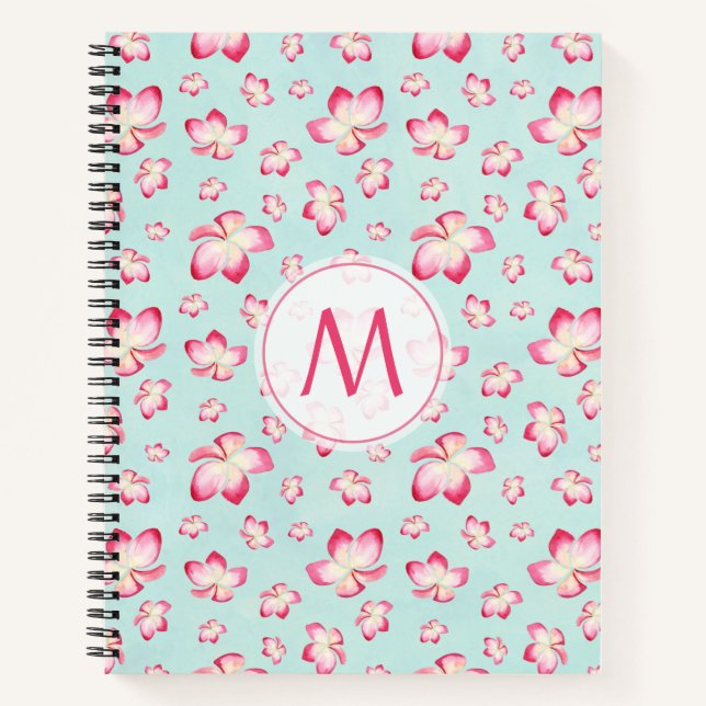 Pink Frangipani Monogram Aqua Notizbuch (Vorderseite)