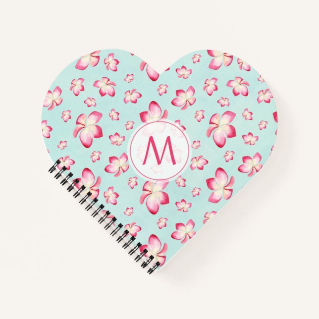 Pink Frangipani Monogram Aqua Notizbuch (Vorderseite)