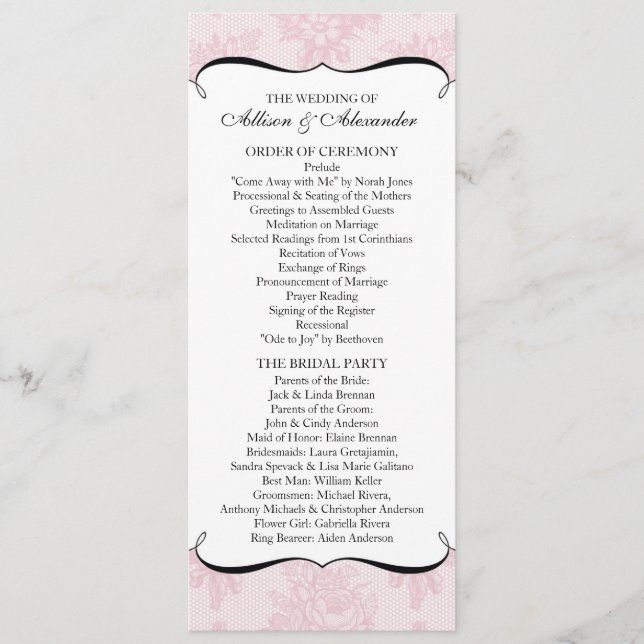 Pink French Lace Wedding Programm (Vorderseite)