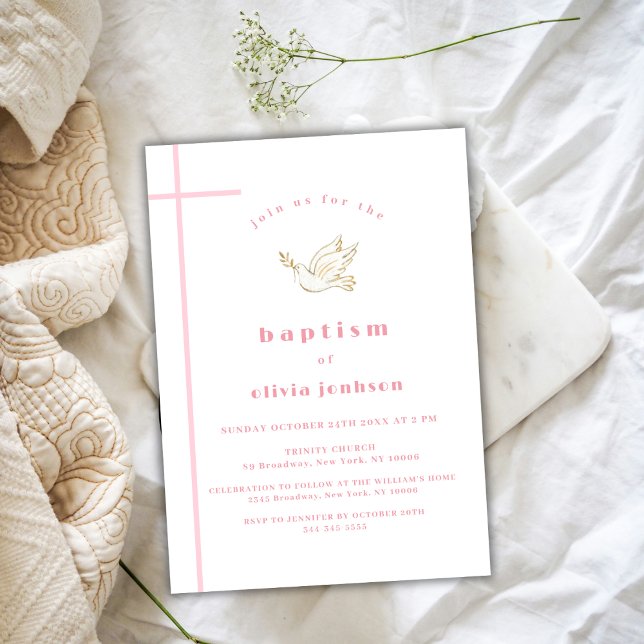 Pink French Simple Bird Christening Girl Baptisse Einladung (Pink French Simple Bird Christening Girl Baptism Invitation)