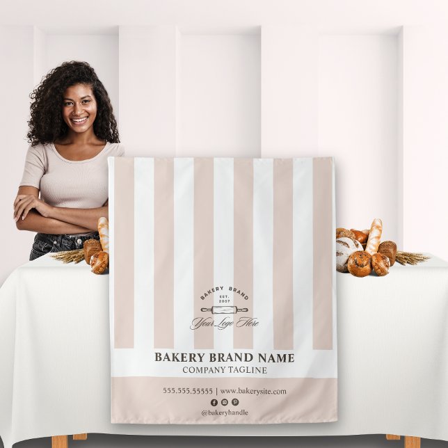 Pink French Stripes Bakery Logo Table Runner  Wandteppich (Von Creator hochgeladen)