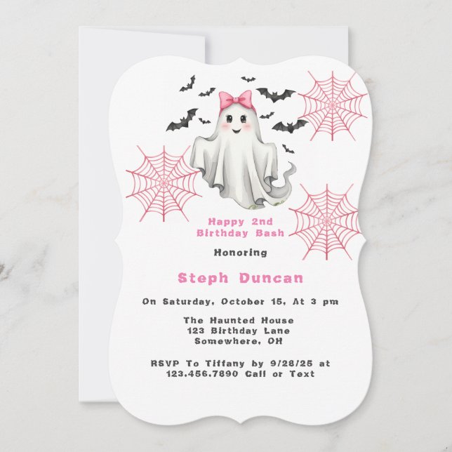 Pink Friendly Girl Ghost mit Flet Birthday Party Einladung (Vorderseite)