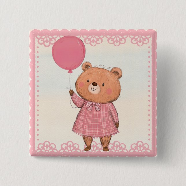 Pink Fringe Dress Bear mit Pink Ballon Button (Vorderseite)