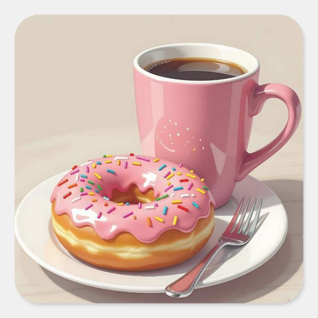Pink Frosted Donut and Coffee  Quadratischer Aufkleber (Vorderseite)