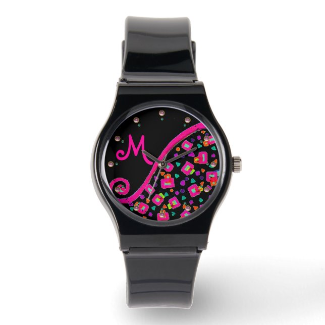 PINK FUCHSIA BLACK ABSTRAKT DEKO MONOGRAM ARMBANDUHR (Vorderseite)