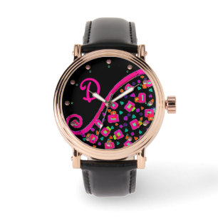 PINK FUCHSIA BLACK ABSTRAKT DEKO MONOGRAM ARMBANDUHR