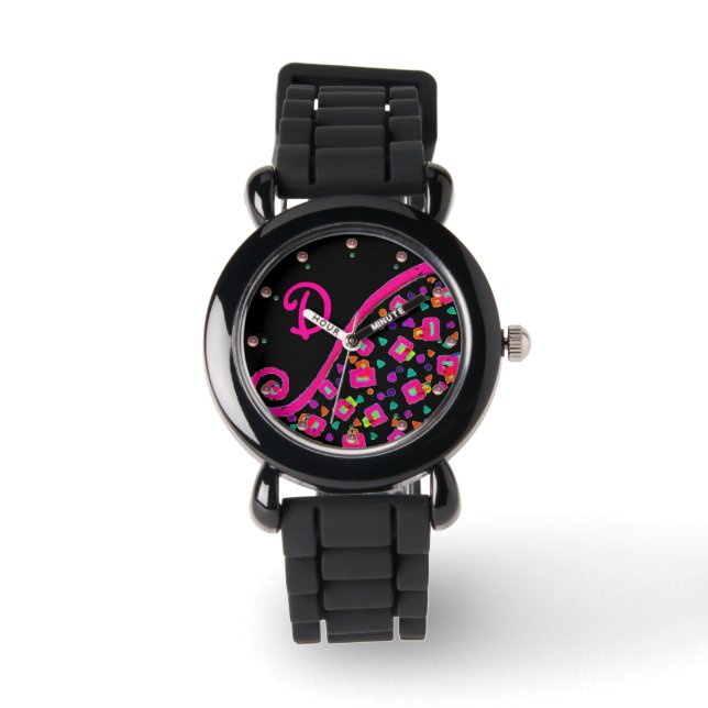 PINK FUCHSIA BLACK ABSTRAKT DEKO MONOGRAM ARMBANDUHR (Vorderseite)