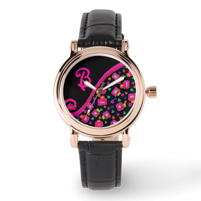PINK FUCHSIA BLACK ABSTRAKT DEKO MONOGRAM ARMBANDUHR (Vorderseite)