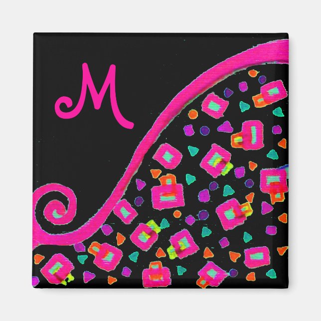 PINK FUCHSIA BLACK ABSTRAKT DEKO MONOGRAM MAGNET (Vorne)