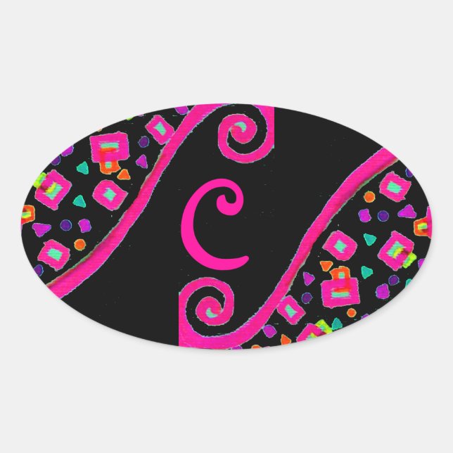 PINK FUCHSIA BLACK ABSTRAKT DEKO MONOGRAM OVALER AUFKLEBER (Vorderseite)