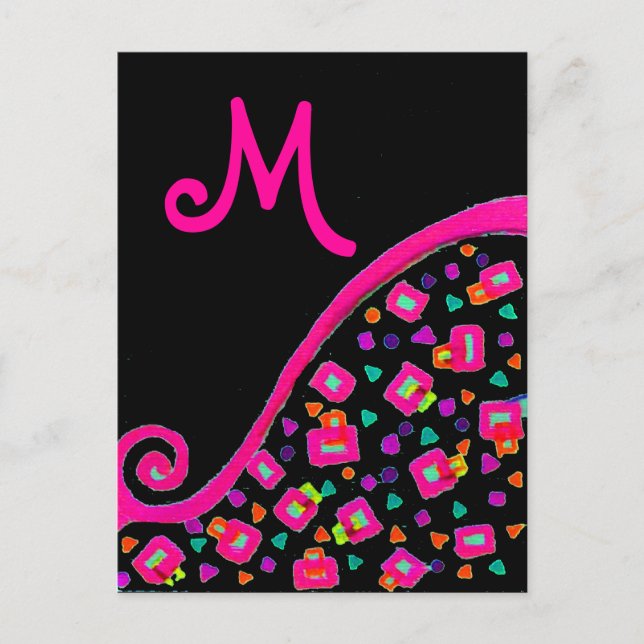 PINK FUCHSIA BLACK ABSTRAKT DEKO MONOGRAM POSTKARTE (Vorderseite)