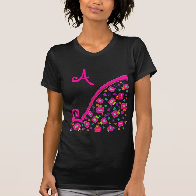 PINK FUCHSIA BLACK ABSTRAKT DEKO MONOGRAM T-Shirt (Vorderseite)