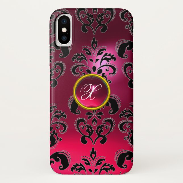 PINK FUCHSIA BLACK DAMASK GEMSTONE MONOGRAMM Case-Mate iPhone HÜLLE (Rückseite)