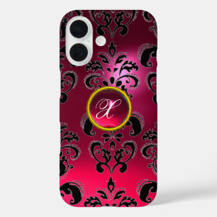 PINK FUCHSIA BLACK DAMASK GEMSTONE MONOGRAMM iPhone 16 HÜLLE