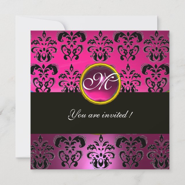 PINK FUCHSIA BLACK DAMASK MONOGRAM, Amethyste Einladung (Vorderseite)