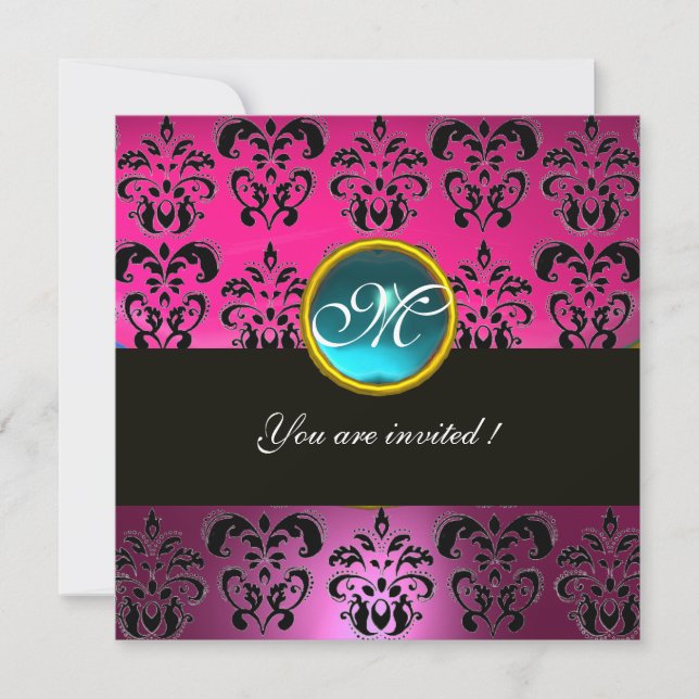 PINK FUCHSIA BLACK DAMASK MONOGRAM, blau aquamarin Einladung (Vorderseite)