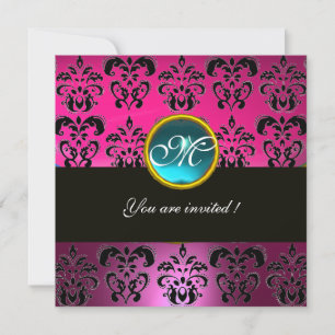 PINK FUCHSIA BLACK DAMASK MONOGRAM, blau aquamarin Einladung