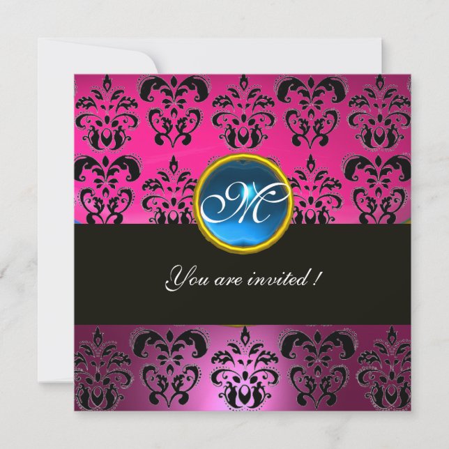 PINK FUCHSIA BLACK DAMASK MONOGRAM, blauer Saphir Einladung (Vorderseite)