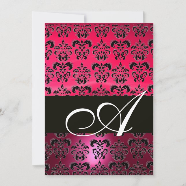 PINK FUCHSIA BLACK DAMASK MONOGRAMM, hell weiß Einladung (Vorderseite)