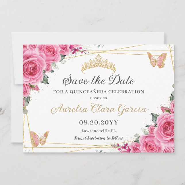 Pink Fuchsia Floral Gold Quinceanera 16 . Geburtst Save The Date (Vorderseite)