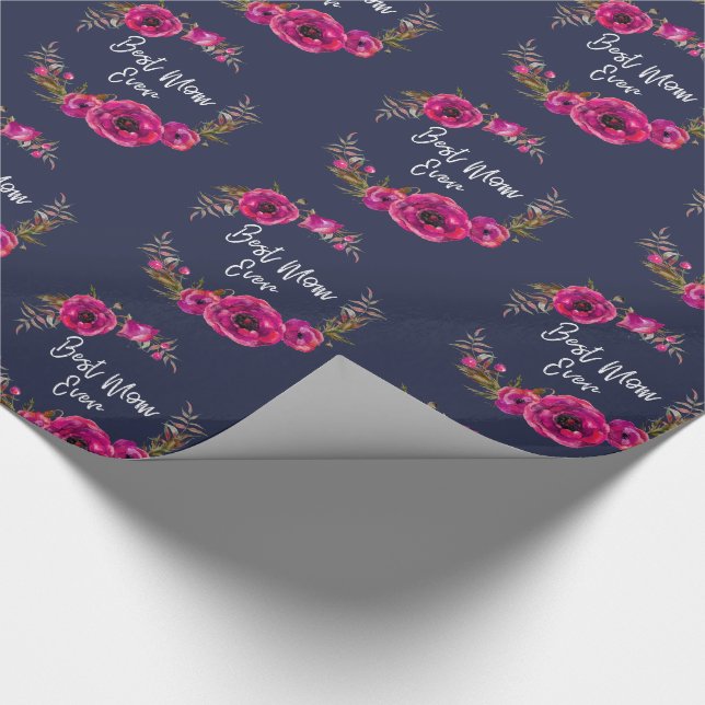 Pink Fuchsia Floral Poppies Wreath Beste Mama je Geschenkpapier (Ecke)
