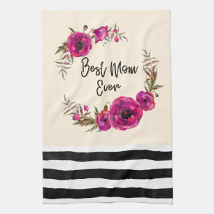 Pink Fuchsia Floral Poppies Wreath Beste Mama je Geschirrtuch