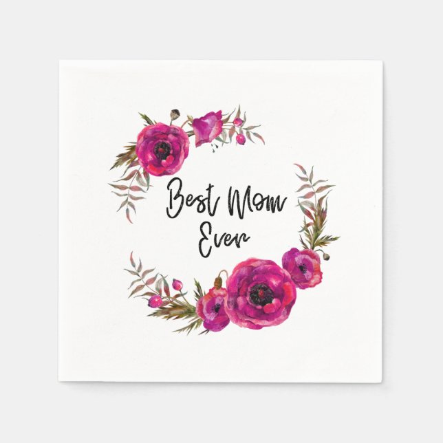Pink Fuchsia Floral Poppies Wreath Beste Mama je Serviette (Vorderseite)