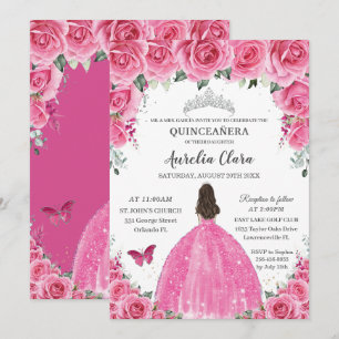 Pink Fuchsia Floral Silver Quinceañera Princess XV Einladung