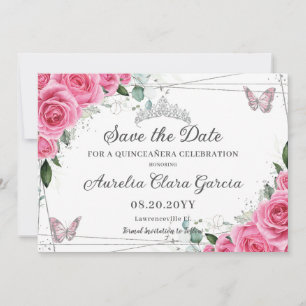Pink Fuchsia Floral Silver Quinceanera XV Sweet 16 Save The Date