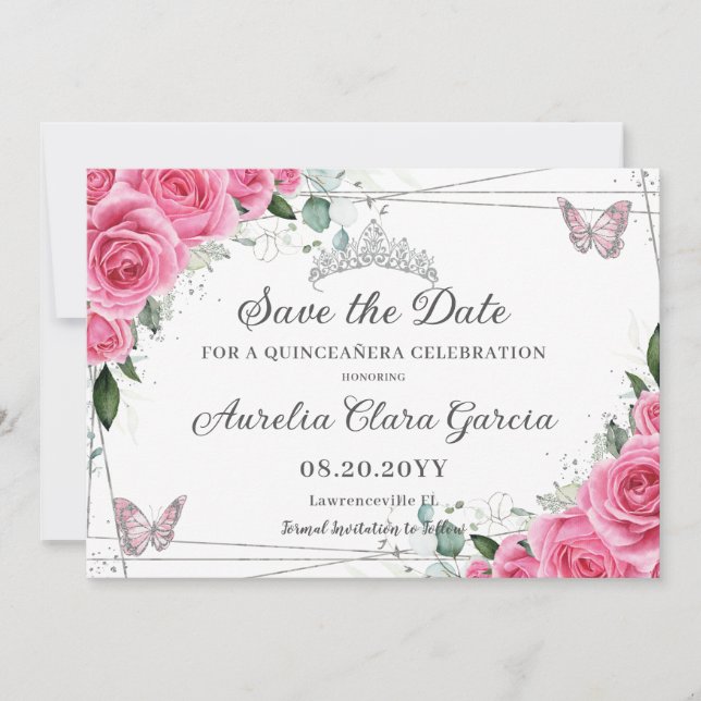 Pink Fuchsia Floral Silver Quinceanera XV Sweet 16 Save The Date (Vorderseite)
