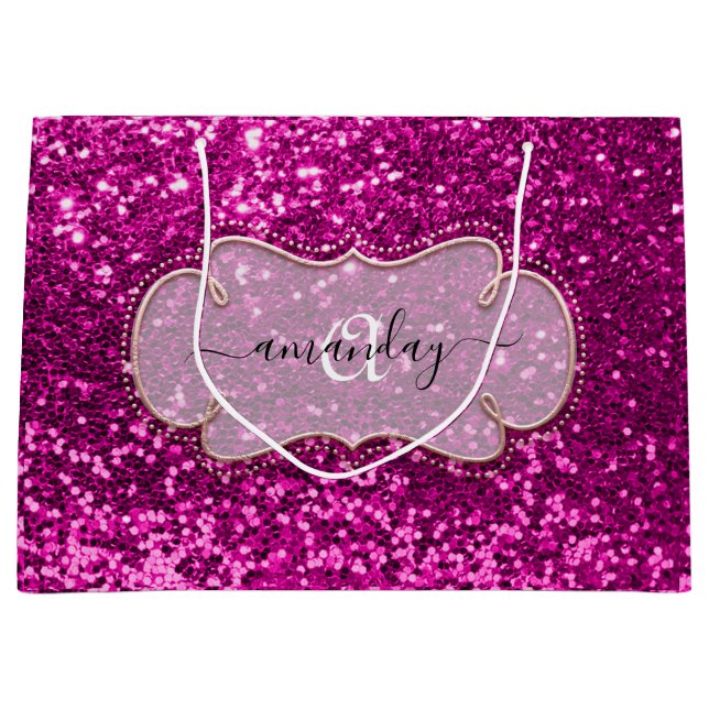 Pink Fuchsia Gerahmt Royal Monogram Name Glitzern Große Geschenktüte (Vorderseite)