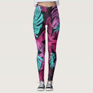 Pink Fuchsia Green Blätter Pattern Leggings