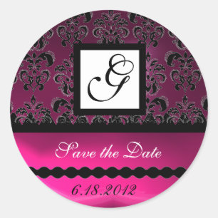 PINK FUCHSIA LILA DAMASK SQUARE MONOGRAM, violett Runder Aufkleber