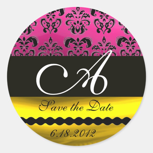 PINK FUCHSIA LILA GOLD BLACK DAMASK MONOGRAMM RUNDER AUFKLEBER (Vorderseite)