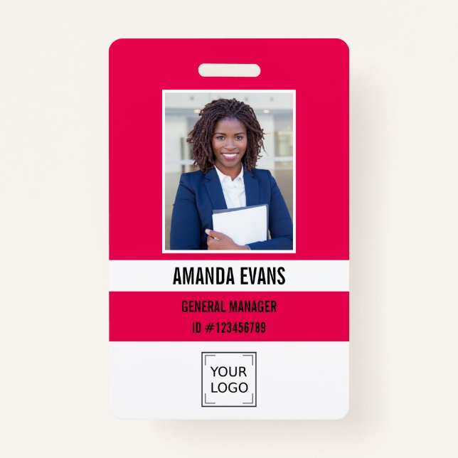 Pink Fuchsia Photo Employee Logo  QR CODE Security Ausweis (Vorderseite)
