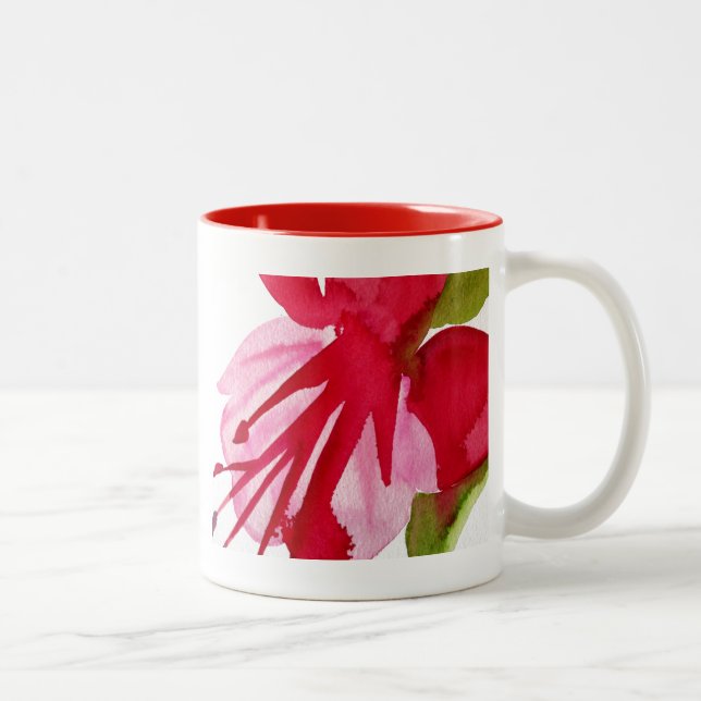 Pink Fuchsia Pop Kunst Aquarell Blume Zweifarbige Tasse (Rechts)