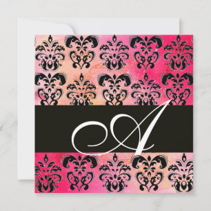 PINK FUCHSIA RED BLACK DAMASK MONOGRAMM, weiß Einladung