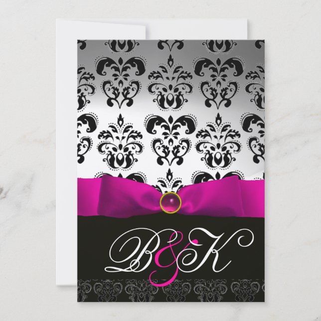 PINK FUCHSIA RIBBON WHITE BLACK DAMASK MONOGRAM EINLADUNG (Vorderseite)