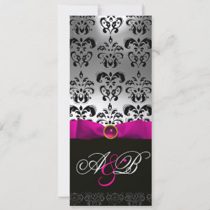 PINK FUCHSIA RIBBON WHITE BLACK DAMASK MONOGRAM EINLADUNG