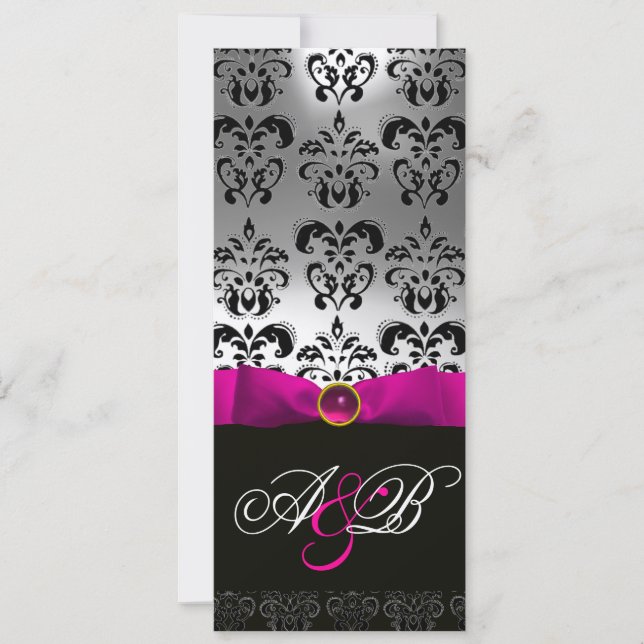PINK FUCHSIA RIBBON WHITE BLACK DAMASK MONOGRAM EINLADUNG (Vorderseite)