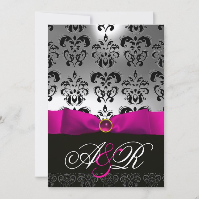 PINK FUCHSIA RIBBON WHITE BLACK DAMASK MONOGRAM EINLADUNG (Vorderseite)