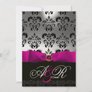 PINK FUCHSIA RIBBON WHITE BLACK DAMASK MONOGRAM EINLADUNG